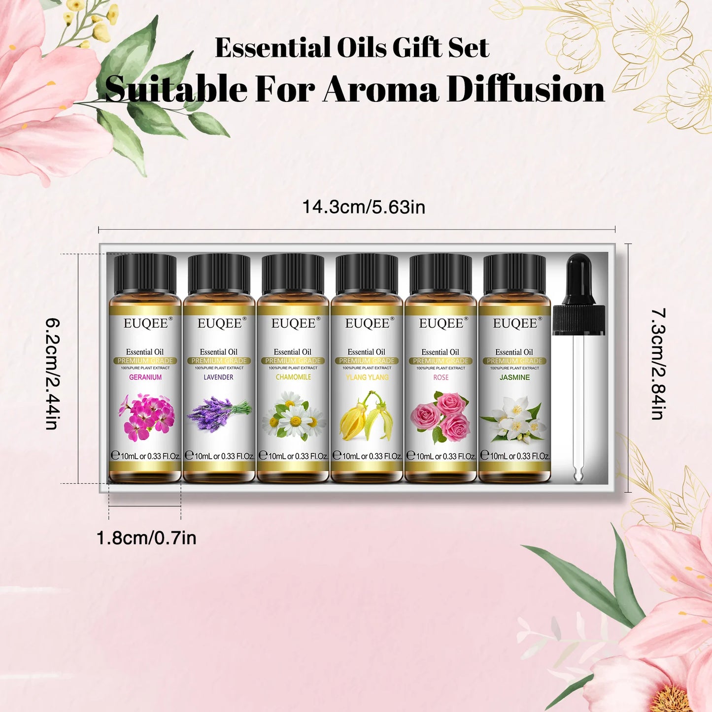 EUQEE 6 Bottles Floral Series Essential Oils Set For Diffuser Candle Making-Rose Lavender Ylang Ylang Jasmine Geranium Chamomile