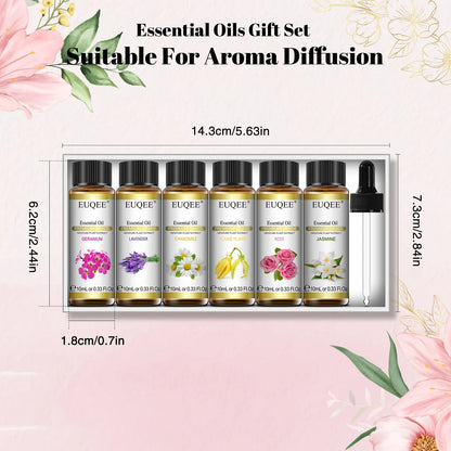 EUQEE 6 Bottles Floral Series Essential Oils Set For Diffuser Candle Making-Rose Lavender Ylang Ylang Jasmine Geranium Chamomile