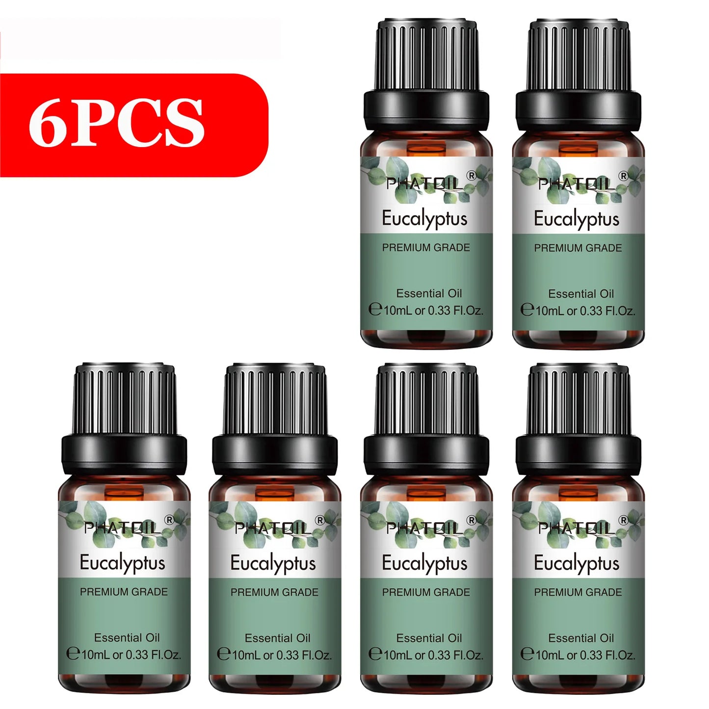 PHATOIL 6pcs Essential Oil Set 10ml Pure Natural Lavender Eucalyptus Peppermint Tea Tree Orange Lemongrass for Diffuser Candles