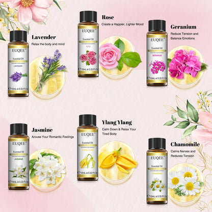 EUQEE 6 Bottles Floral Series Essential Oils Set For Diffuser Candle Making-Rose Lavender Ylang Ylang Jasmine Geranium Chamomile