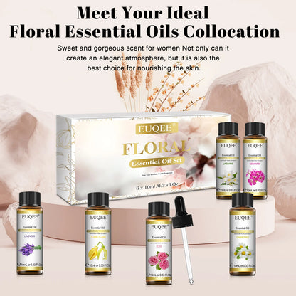 EUQEE 6 Bottles Floral Series Essential Oils Set For Diffuser Candle Making-Rose Lavender Ylang Ylang Jasmine Geranium Chamomile