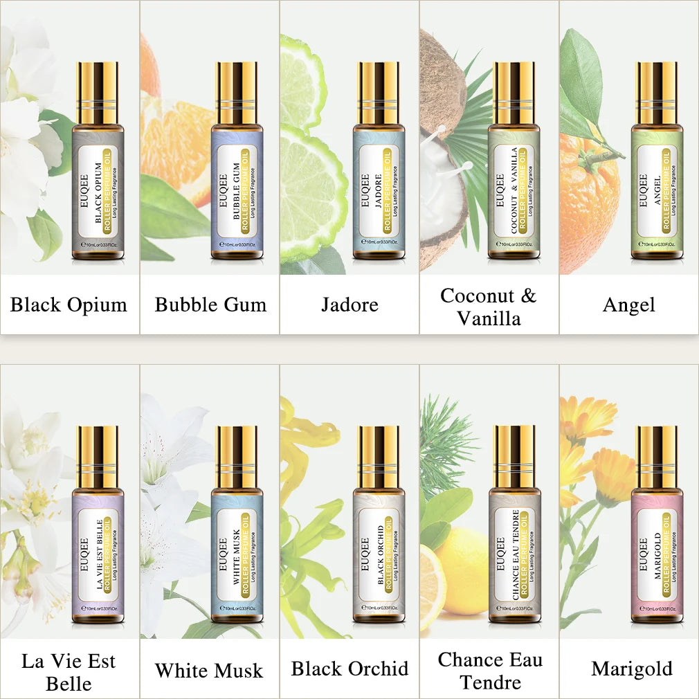 EUQEE 10 Bottles Women Fragrance Oil Gift Set Bubble Gum Jadore White Musk 10ml Roller Fragrance Oil For Diffuser DIY Soap